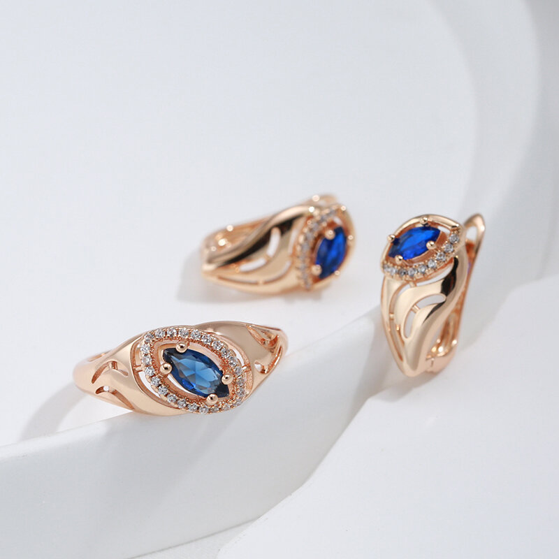 SYOUJYO-Boucles d'Oreilles Cubique Bleues pour Femme, Bijoux Fins, Or Rose, Luxe, ixde Mariage, Anglais, 585