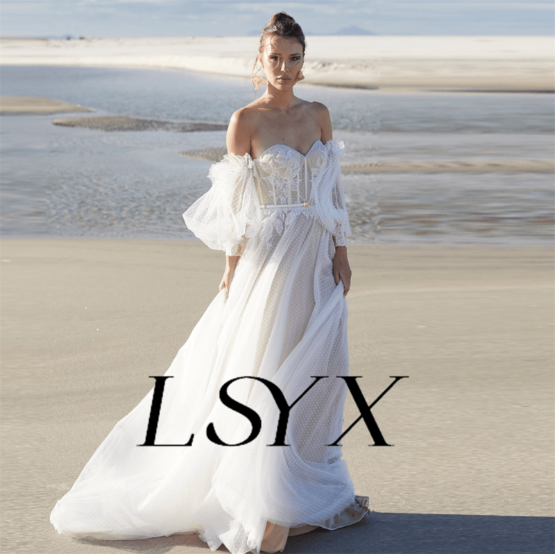 LSYX Sweetheart Off Shoulder Puff Sleeveless Tulle Lace Wedding Dress Button Back A-Line Court Train Bridal Gown Custom Made