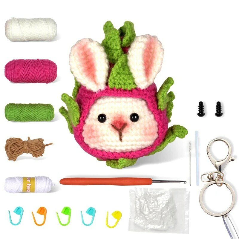 Kit animal de crochê para iniciantes, Frutas e coelho, fácil de instalar, vídeo tutoriais, criança e adultos