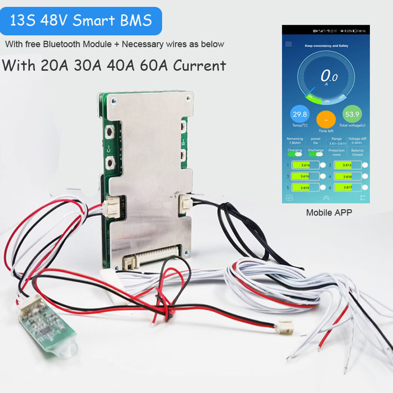48V 13s Smart PCB mit 20a bis 60a Entladestrom für 54,6 V Bluetooth BMS Software PCB Board