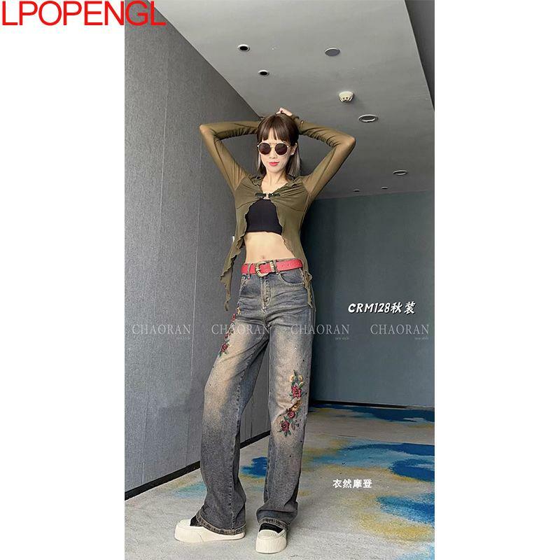 Autumn High Waisted Jeans Women's New Embroidery Vintage Straight Loose Streetwear Pockets Denim Button Wide Leg Pants