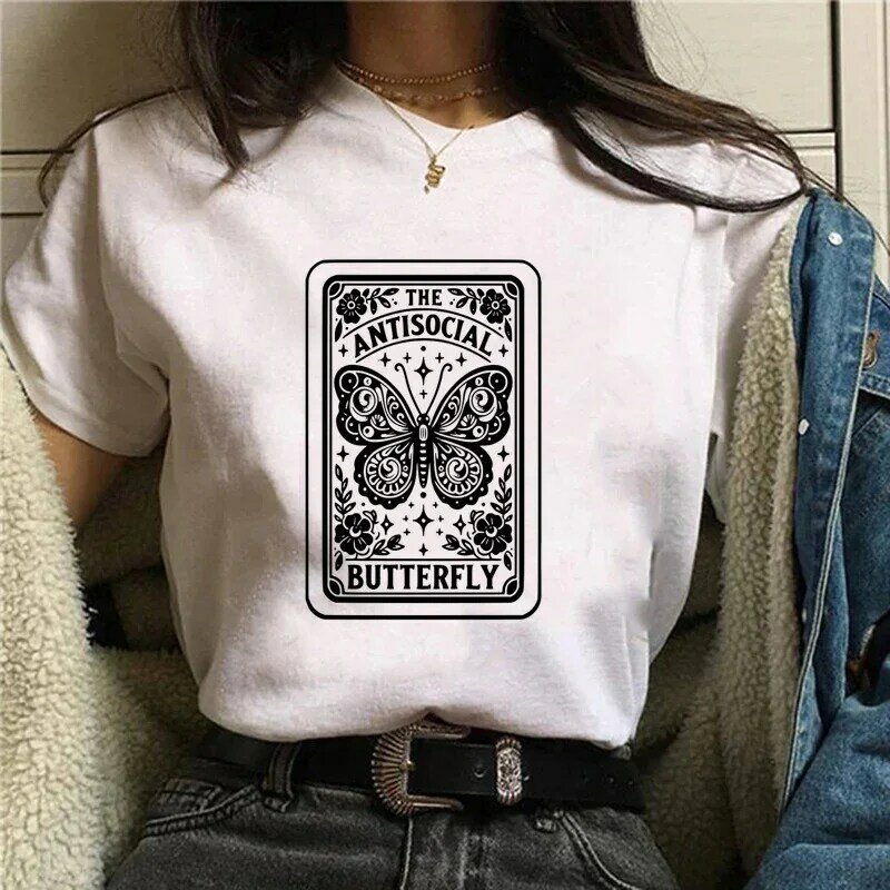 Butterfly Retro Printed Trendy T-Shirt Women's Top Printed Basic Style Printed Short Sleeve Tarot Brand Plus Size T-Shirt.