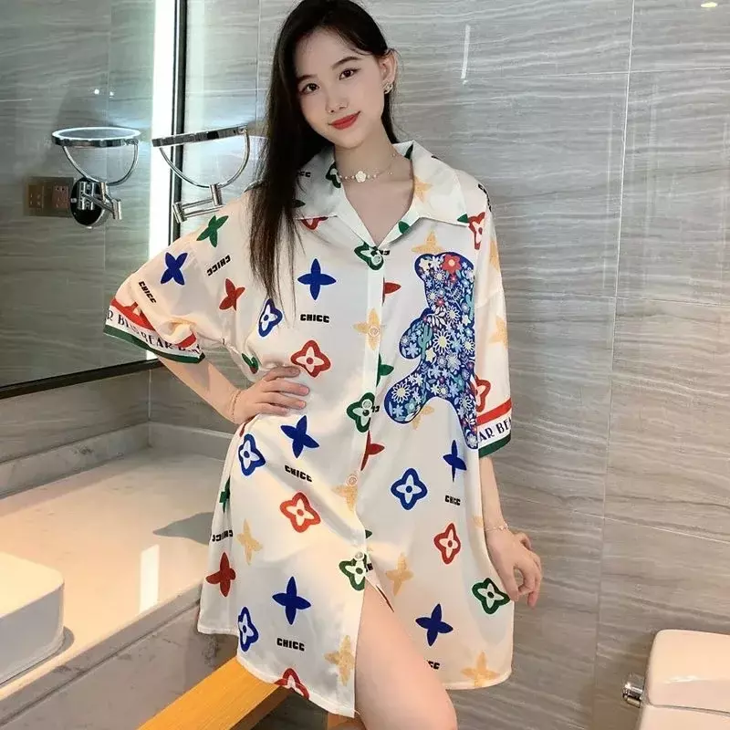 2024 neue V-Ausschnitt Homewear sexy extra große kurze Nachthemd Frauen Sommer Lounge wear Französisch dünnes Hemd Halbarm Pyjama Damen