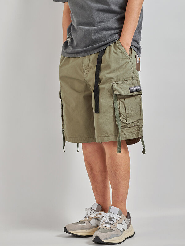 Pantalones cortos de carga de tejido Retro americano para hombre, 100% algodón, lavados, sueltos, con múltiples bolsillos, informales, de cinco puntos con cinturón