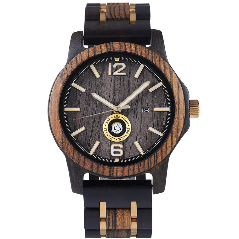 Męskie zegarki kwarcowe drewno ze stali nierdzewnej połączone wielofunkcyjny chronograf zegarek na prezent kalendarza pokazowego szkła odporna na zarysowania