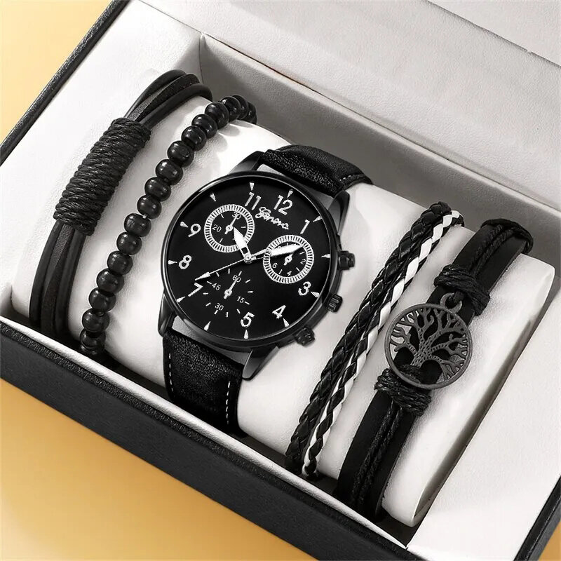 Conjunto de 5 piezas para Hombre, relojes de negocios a la moda, cuerda de mano de árbol de la vida negra, Reloj de cuarzo deportivo informal de lujo