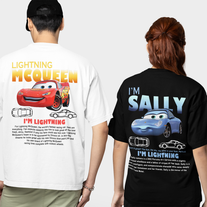 Fun Sally I'm pakaian mobil kilat kaus untuk Pria Wanita kaus Mcqueen barang baru 100% katun hadiah cinta untuk pasangan