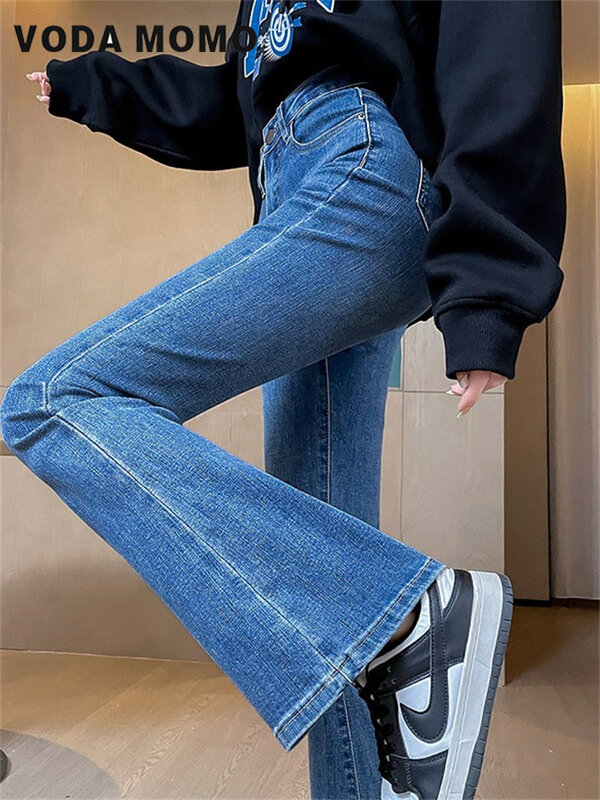Celana Denim klasik Korea, celana Denim kasual baru 2024, celana jins suar pinggang tinggi ramping untuk mode wanita Vintage santai serbaguna