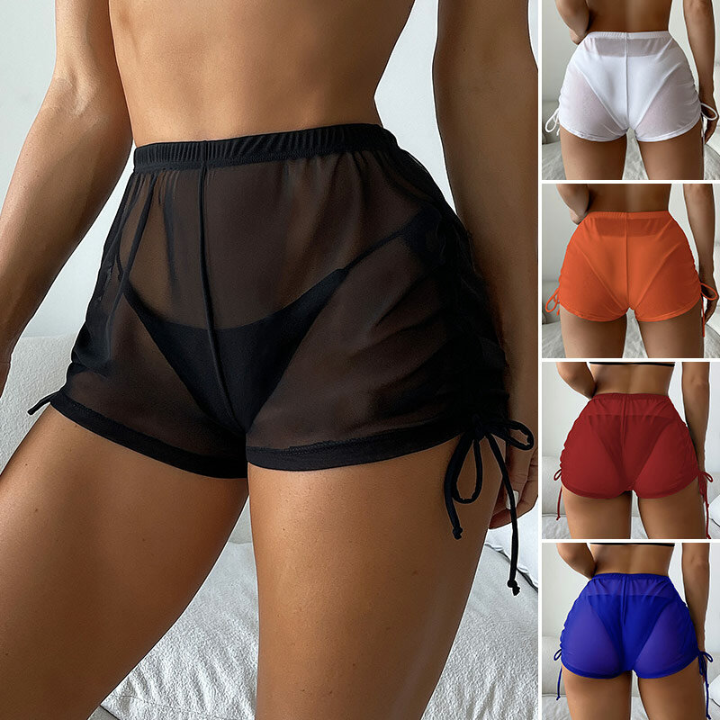 Mulher pura malha bikini shorts praia cobrir cor sólida sheer mini fatos de banho com cordão férias banho beachwear