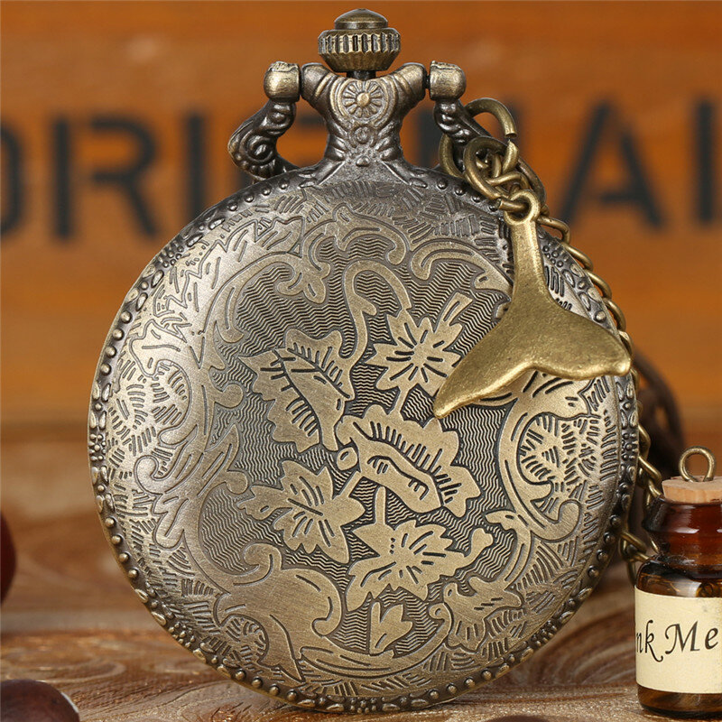 Relógio de bolso de quartzo completo Hunter para homens e mulheres, Steampunk Fish Design, colar camisola pingente corrente cauda de peixe, relógio número árabe