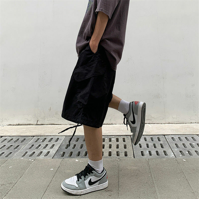 Moda feminina coreana de bolso grande masculina, shorts retos, rua Y2K, marca da moda, cor sólida, calça solta casual, moda verão