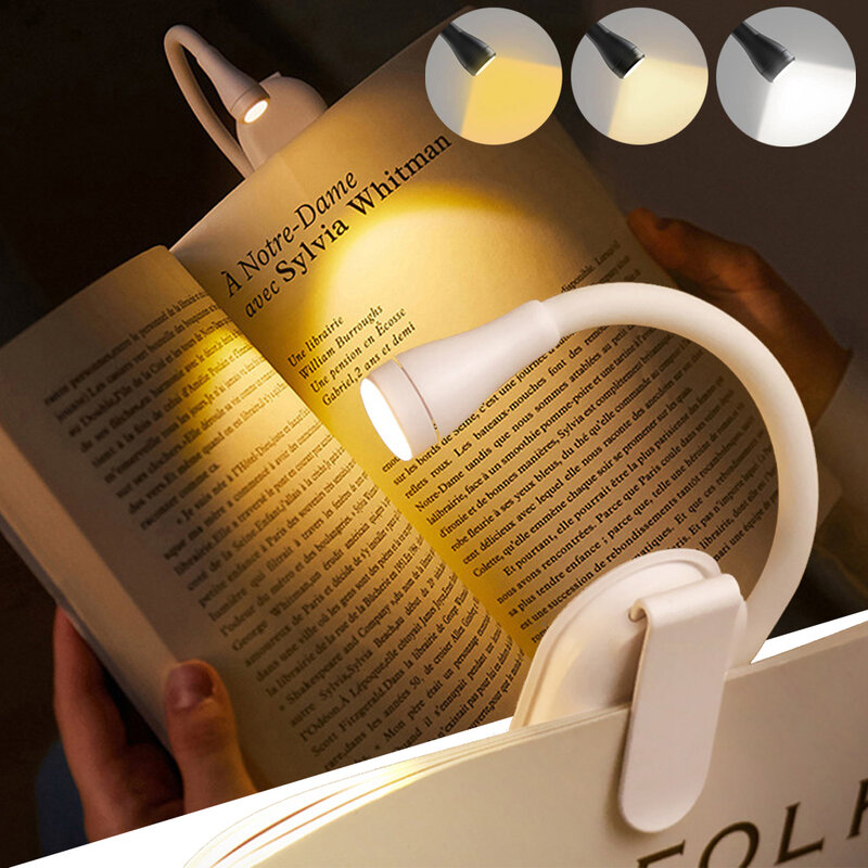 Luz Led recargable para lectura de libros en la cama, lámpara nocturna de 3 colores con Clip de brillo continuo