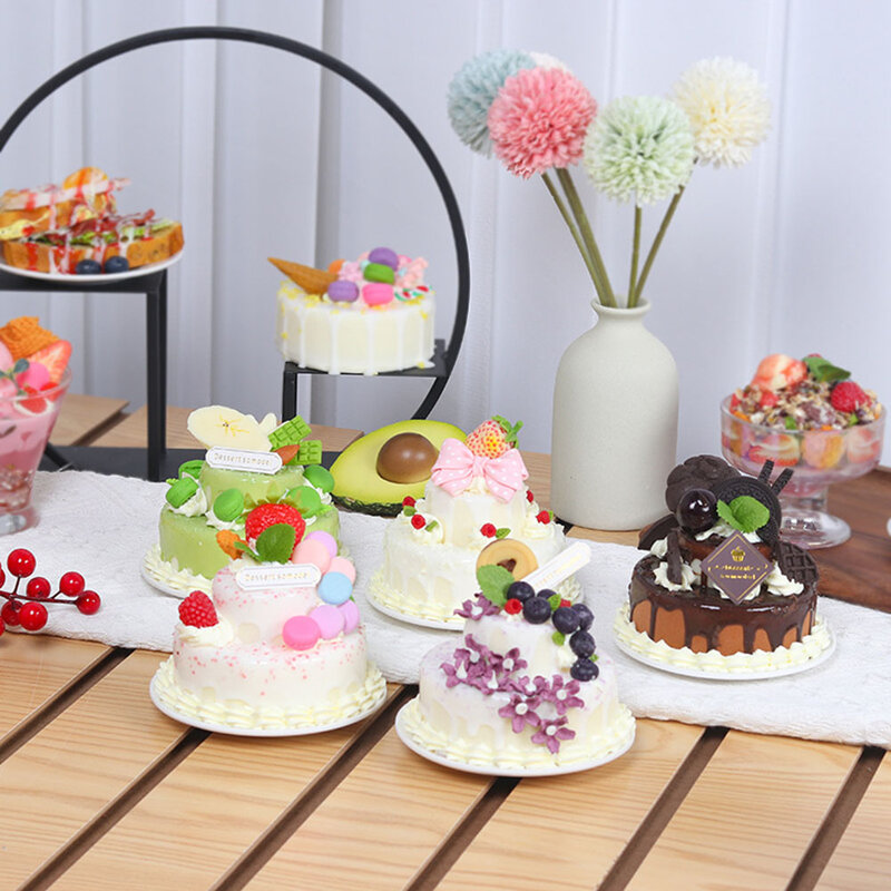Model kue ulang tahun simulasi, kerajinan tangan dekorasi dapur kue ulang tahun DIY ornamen buah stroberi banyak lapis