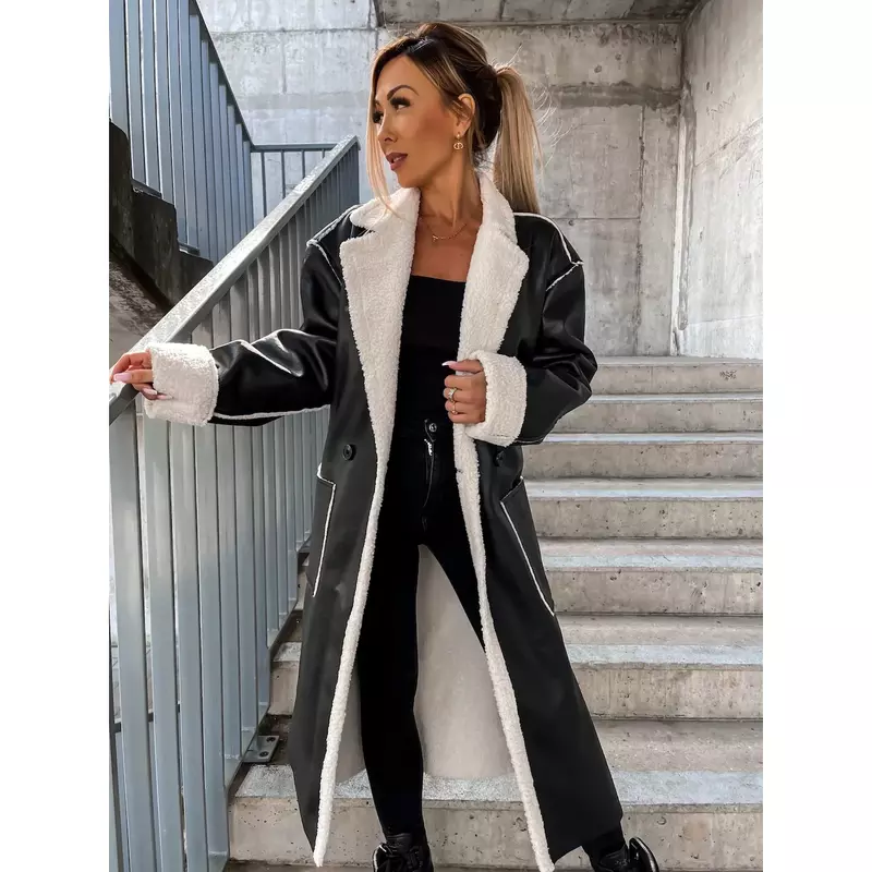 Abrigo de piel sintética con cuello vuelto para mujer, abrigo holgado de manga larga, elegante, con bolsillos, para oficina, 2022