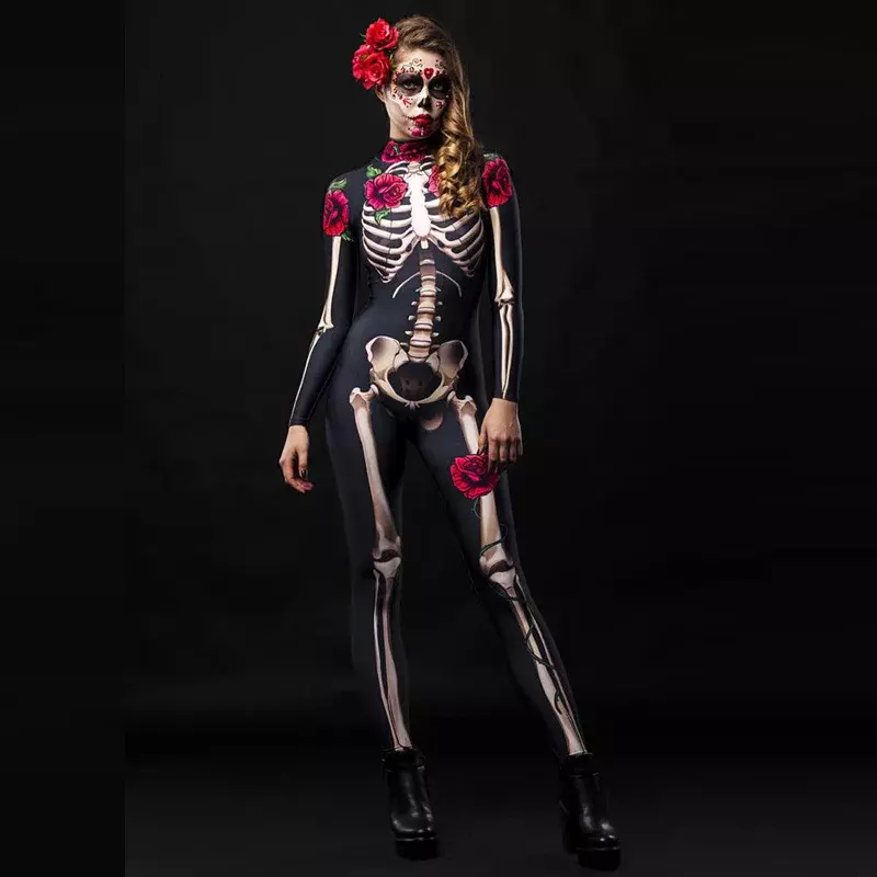 할로윈 로즈 스켈레톤 코스프레 점프수트, 섹시한 무서운 해골 유령 유령 유령 유령 코스튬 소녀 3D 인간 프린트 바디 수트, S-XL C38X33