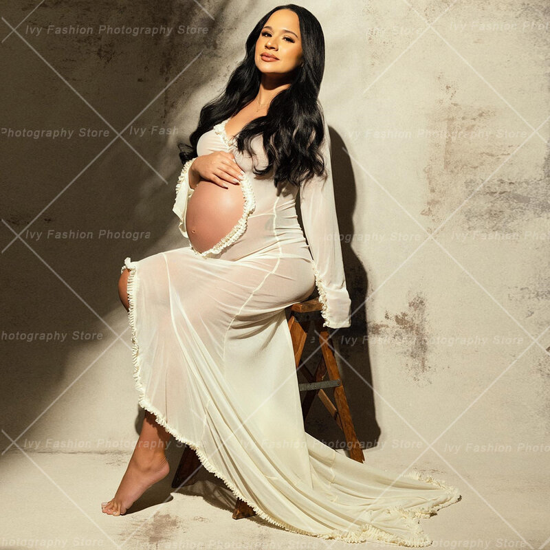 Vestido de maternidade de mangas compridas das mulheres grávidas, vestido sexy, transparente, plissado, barriga, oco, chuveiro do bebê, Photo Shoot