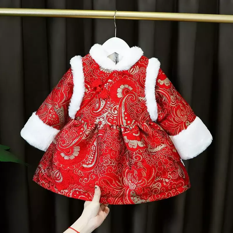 Traje Tang rojo de terciopelo para niña, ropa de bebé, traje tradicional chino, Año Nuevo, vestido de princesa Hanfu, Cheongsam para niños, Invierno
