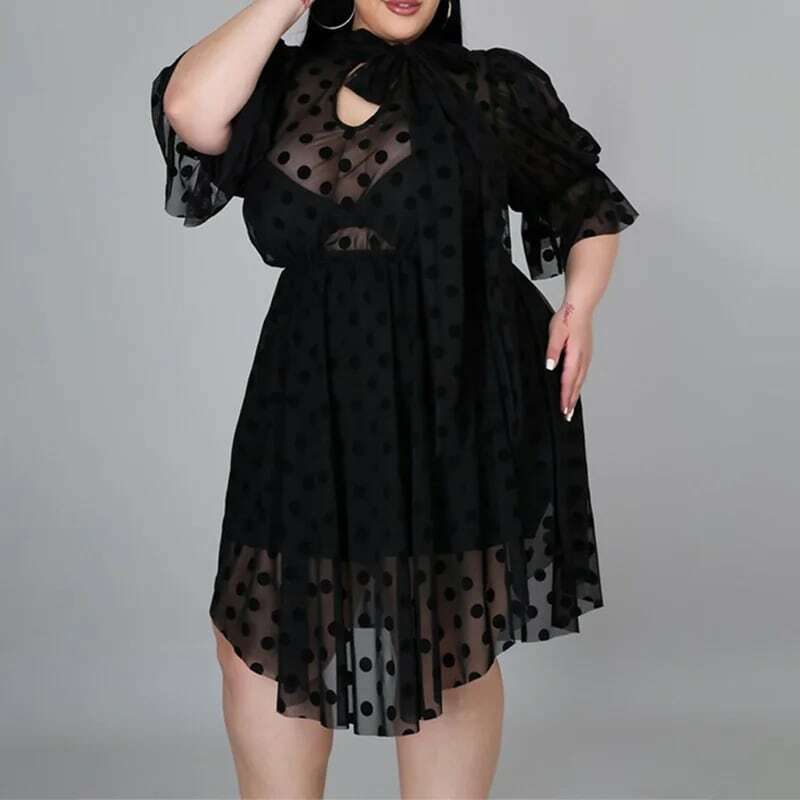 Vestido Midi Sexy de talla grande de malla con perspectiva irregular para mujer, jersey de media manga con vendaje de lunares negros para primavera y verano