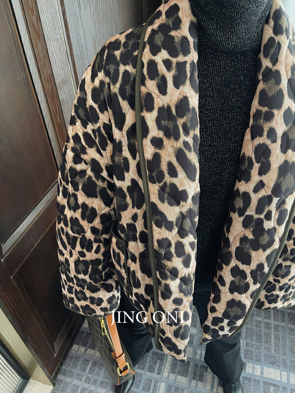 Jaket Leopard bantalan pendek mewah untuk wanita, pakaian atasan parka elegan modis Korea Y2K bergaya Vintage