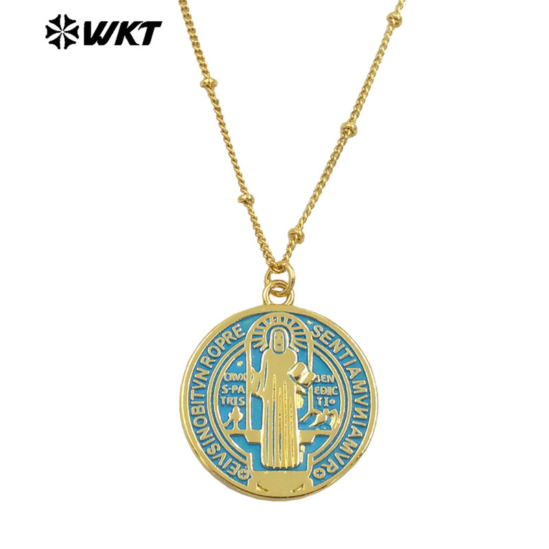 Banhado a ouro Rodada Medalha Saint Benedict Colar Religioso, Gota Petróleo Artesanato, WT-MN992, Atacado de Moda, 10Pcs