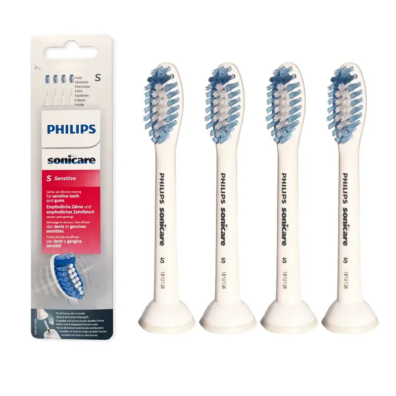 필립스 소닉케어 정품 민감한 교체 칫솔 헤드, 민감한 치아를 위한 4 브러시 헤드, 흰색, HX6053/64