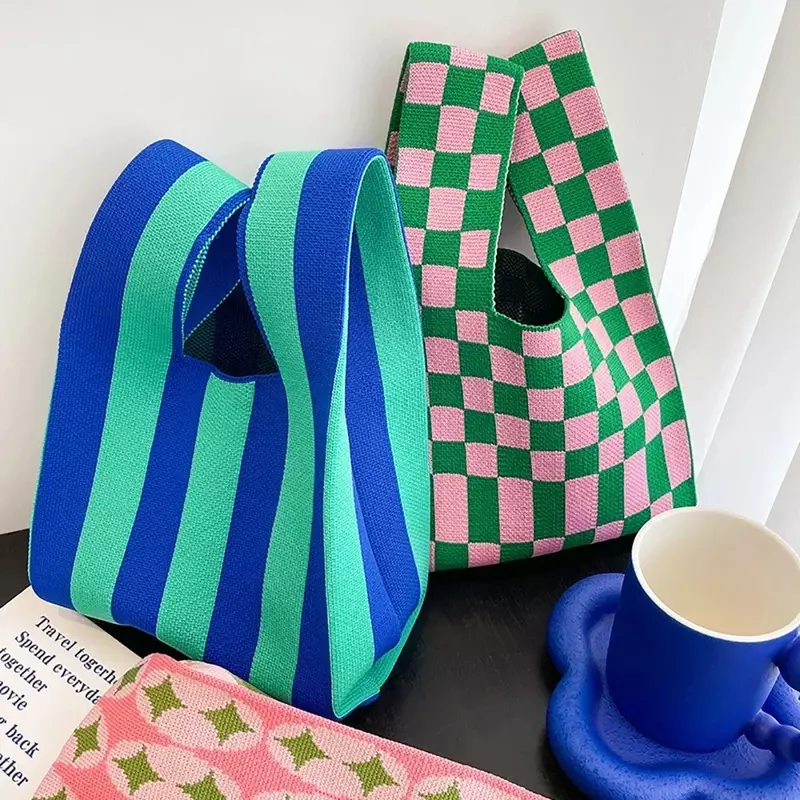 Bolsa xadrez de malha artesanal para mulheres, bolsa de pulso Mini Knot, sacola larga com listras, cor casual, fêmea, LYD01