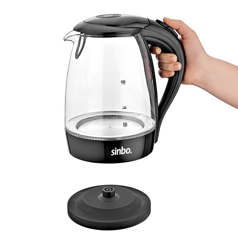 Sinbo Cordless Black Glass Kettle (1.7L) Water Boiler Auto Turn-Off Keep Warm Water Level Indicator Safety 360° Swivel Feature