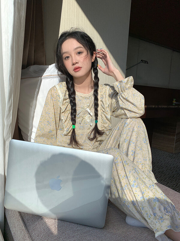 Японская Весенняя Милая Домашняя одежда с цветочным принтом, студенческая мода, милый стиль, удобная свободная Пижама, женская одежда для улицы, освежающий шик