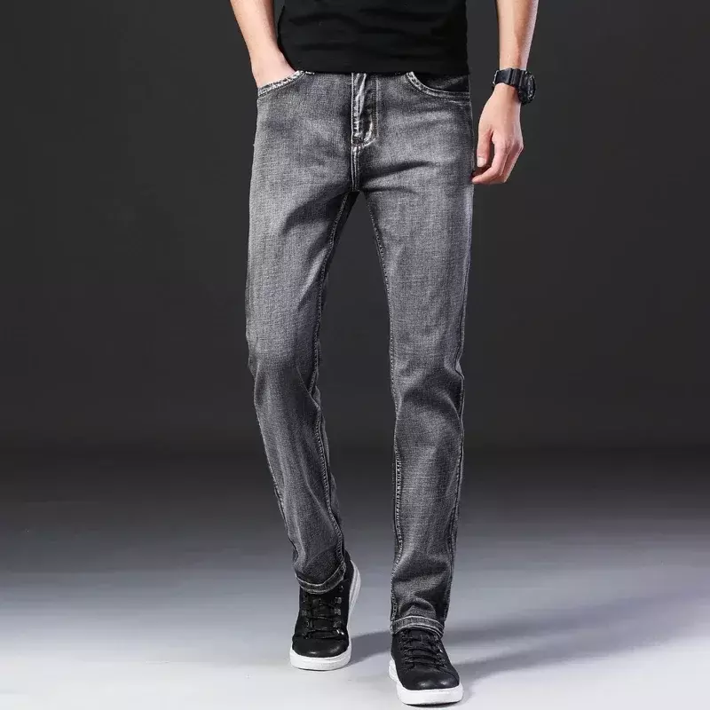 Celana panjang Denim lurus pria, Jeans tipis abu-abu bergaya klasik, celana bisnis modis kualitas tinggi regang bermerek untuk pria