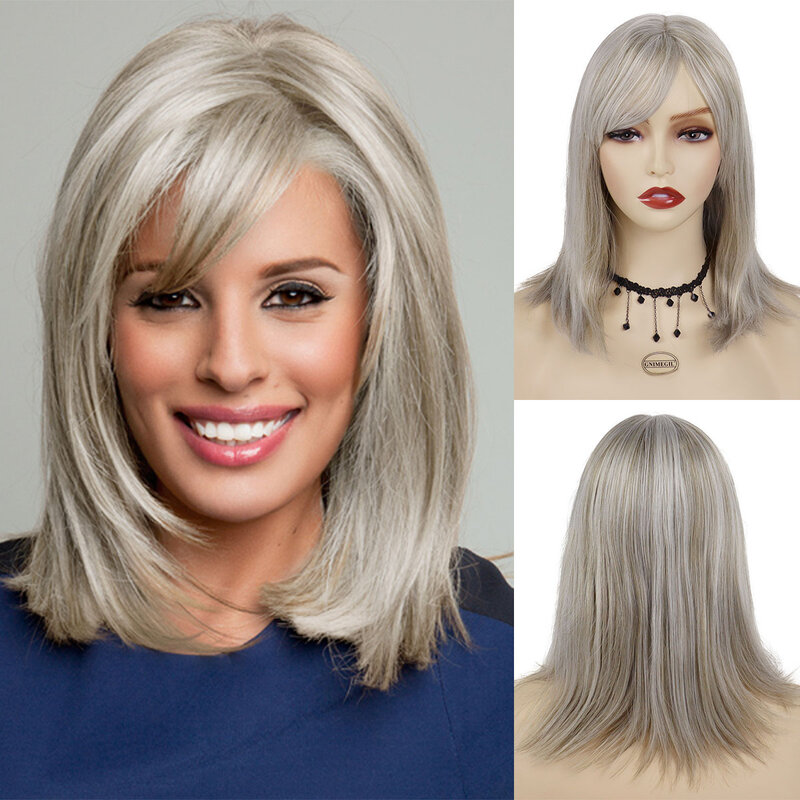 Synthetic Ash Blonde Wig for Women Long Straight Wig with Bangs Natural Soft Hair Daily Mommy Wig Cosplay Costume Halloween