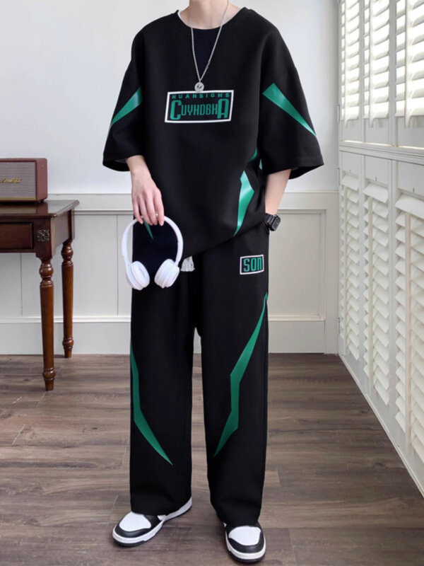 Camiseta casual de corrida masculina e calça, corredor solto elegante básico, conjuntos de calças esportivas, alfabeto, moda jogging, Xl, 2024