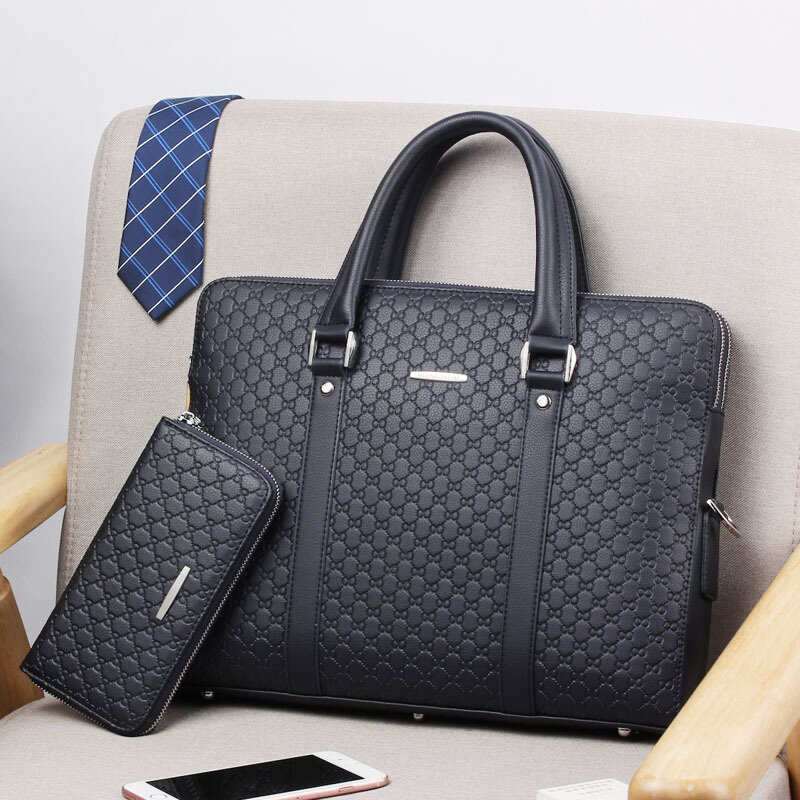 Bolsa de couro genuíno com zíper de grande capacidade, maleta executiva masculina, bolsa de ombro do escritório, bolsa de laptop masculina