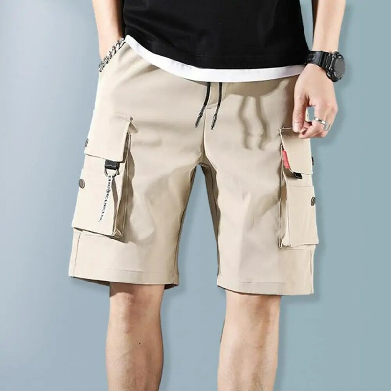 Mid-rise Sport Cargo Shorts Men's Summer Elastic Waistband Drawstring Cargo Shorts with Multiple Pockets Solid Color Straight