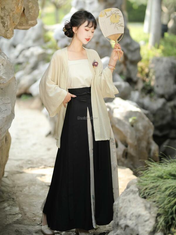 Hanfu Cina baru 2024 baju pendek gaya Dinasti, rompi ditingkatkan, rok panjang cetak harian tiga potong, set hanfu s379