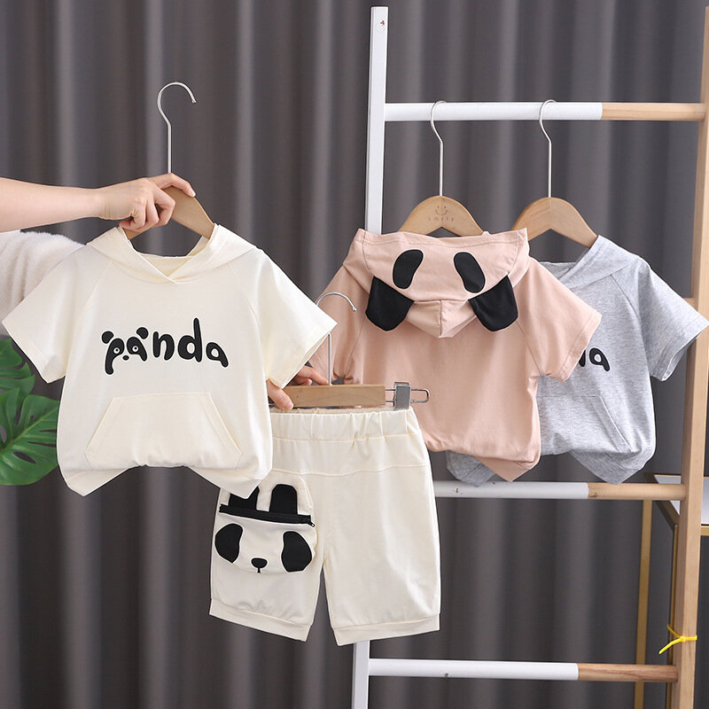 Letnie nowe dziecko słodkie skarby Panda z kapturem zestaw z krótkim rękawem fajne letnie zestaw z krótkim rękawem dla chłopców
