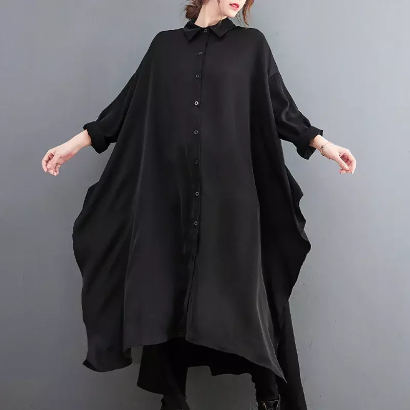 Abito lungo nero donna Polo collo camicia Casual abiti a maniche lunghe abito in Chiffon asimmetrico allentato diviso in stile coreano
