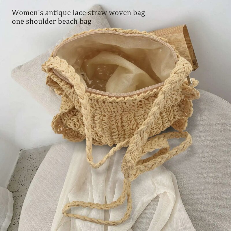 Women Beach Bag Round Straw Crochet Shoulder Summer Bag Purse,