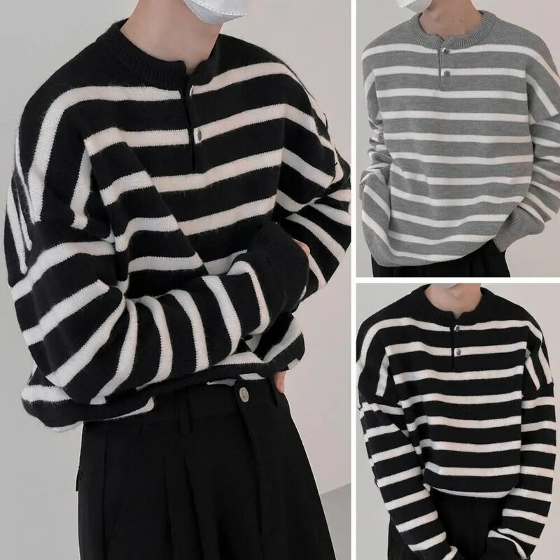 Men Winter Striped Print Sweater Buttons Neckline Knitted Pullover O-neck Long Sleeve Warm Jumper Streetwear