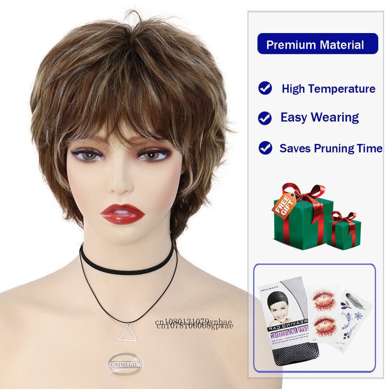 Synthetic Short Wigs Mix Brown Highlights Natural Wig with Bangs for Women Heat Resistant Hair Replacement Wigs Costume Daily