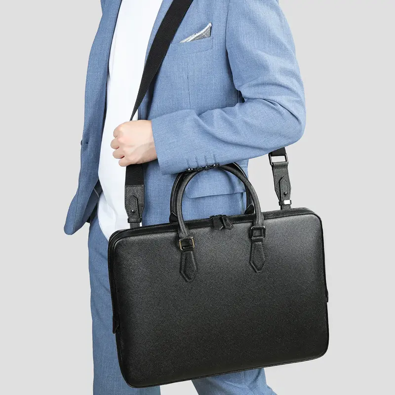 Maleta de couro genuíno para homens, saco do portátil da grande capacidade, estilo do negócio, simples e elegante, material do couro
