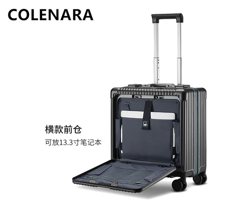 COLENARA 18Inch Suitcase Ladies Small Boarding Box Front Opening Aluminum Frame Trolley Case with Wheels Rolling Luggage