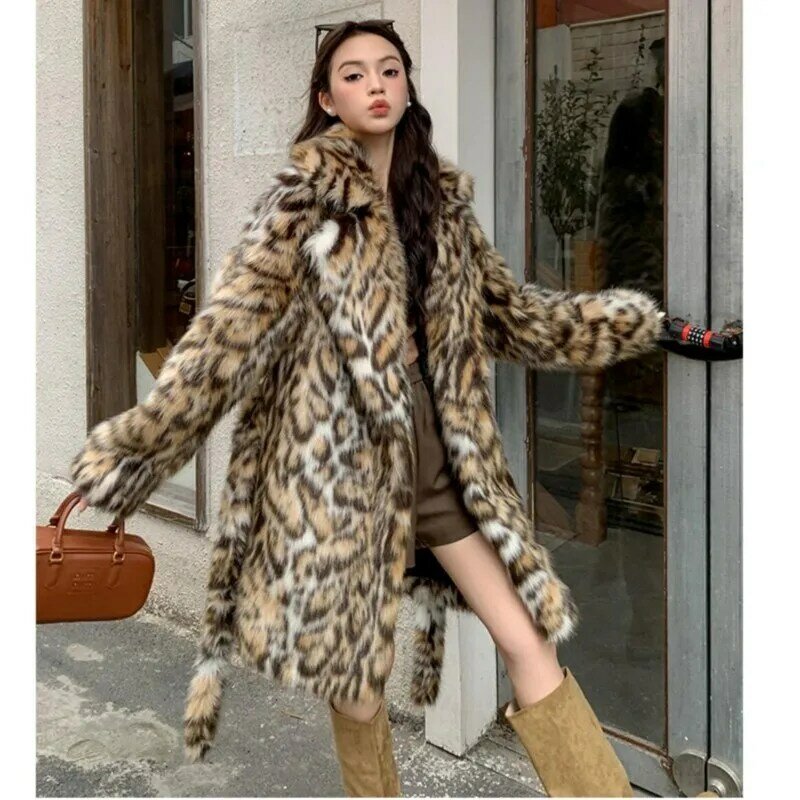 Wysokiej jakości zimowy lampart ze sztucznego futra bardzo długi z pełnym rękawem luźny ciepły futrzana kurtka luźna odzież