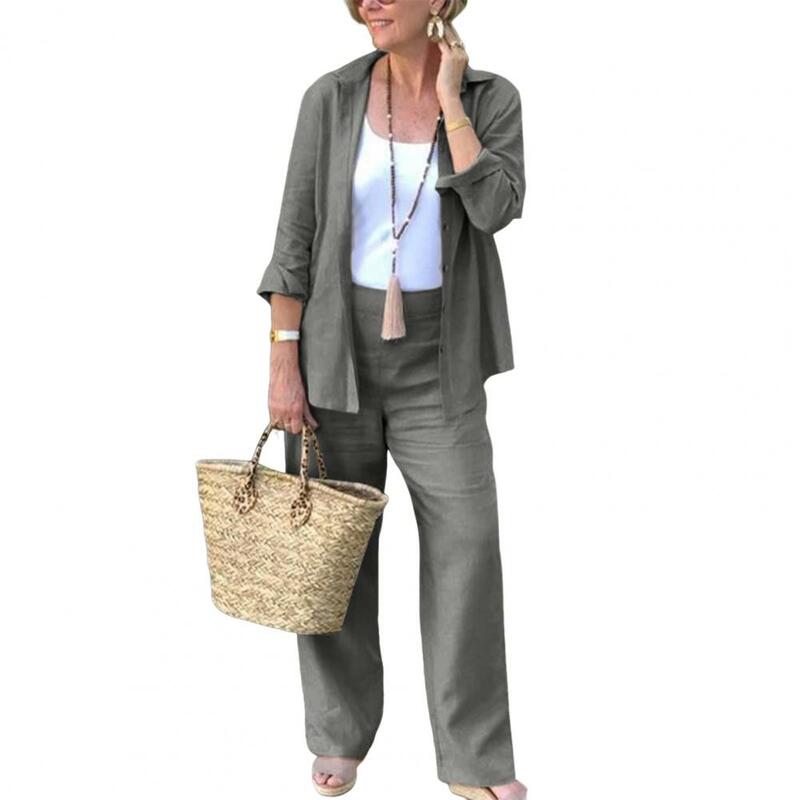 Terno feminino de perna reta, conjunto de camisa elegante, blusa solta de lapela, cintura elástica alta, perna larga para uso diário
