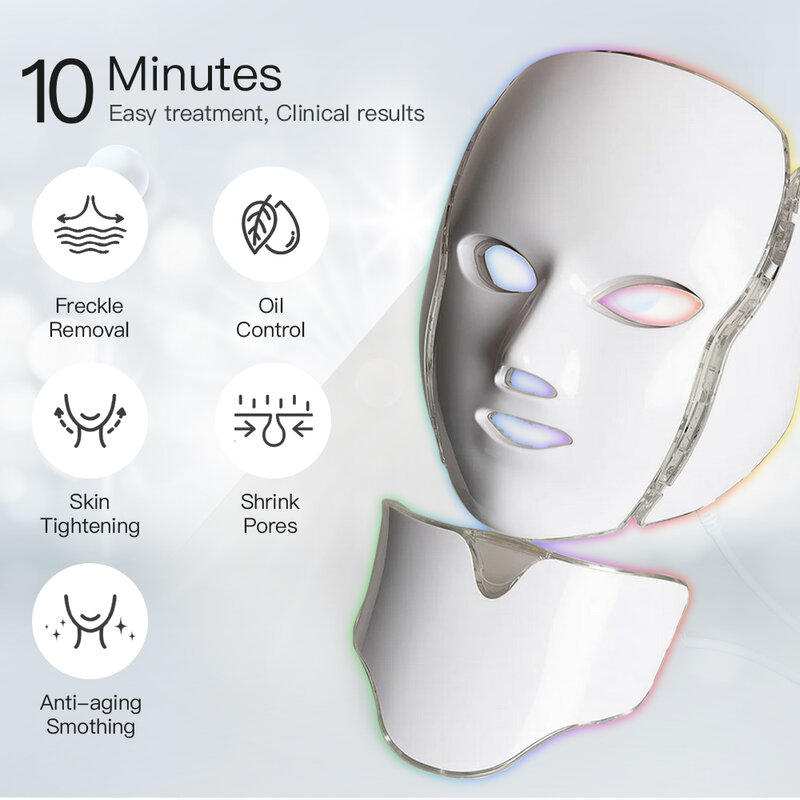 Masque de beauté multifonctionnel anti-âge à photons Thraed infrarouge, masque de cou, rajeunissement de la peau, anti-taches, 7 documents