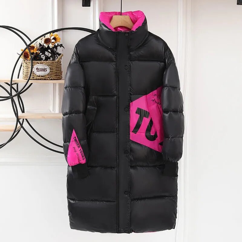2024 여성용 다운 코튼 패딩 재킷, 한국 컬러 매칭 오버코트, 긴 광택, 두꺼운 슬림, 따뜻한 파커 코트, 겨울 신상