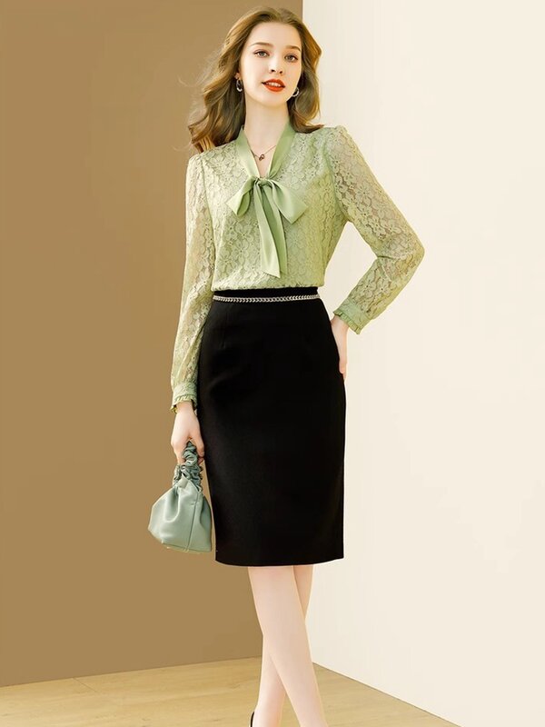 Blusa elegante de encaje con lazo verde para mujer, Tops de primavera y otoño con cuello en V, camisa de manga larga para oficina y fiesta de trabajo
