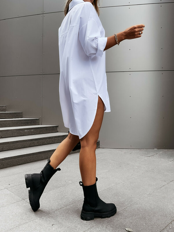 Элегантная женская белая блузка, повседневный Топ, весна/лето 2023, простая Свободная рубашка с длинным рукавом, V-образным вырезом и пуговицами, Женская длинная рубашка