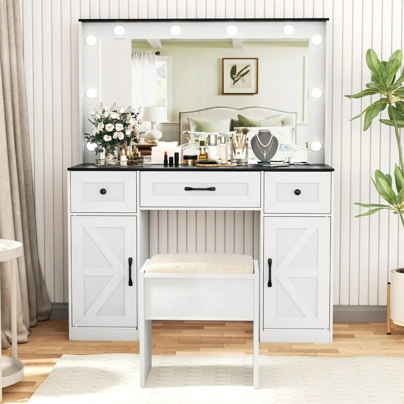 Greenvelly Makeup Vanity Table with Lighted Mirror, White Vanity Desk with 3 Lighting Modes and Stool Set, Dressing Table with