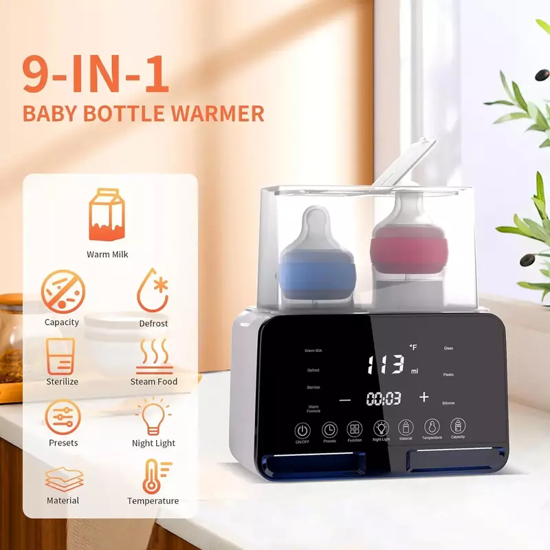タイマー付きベビーボトルウォーマー、正確な温度制御、赤ちゃんの食品加熱、母乳育児の必需品、防御、9-in-1