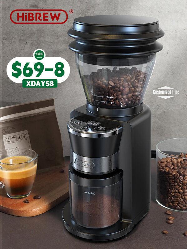 HiBREW Moedor de café elétrico automático, Burr Mill, 34 Engrenagens para Espresso American Coffee Pour Over, Visual Bean Armazenamento G3